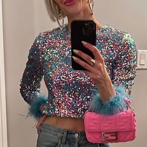 La Rosa sequin crop top with feather cuffs